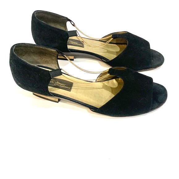 Sesto Meucci Vintage Black Suede Ballet Flats Gold Chain Gold Metal Heel D’orsay - Picture 8 of 15